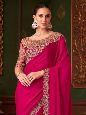 Pink shaded chiffon saree, lace border with heavy embroidered blouse for special occasions 3