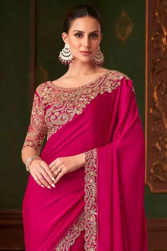 Pink shaded chiffon saree, lace border with heavy embroidered blouse for special occasions