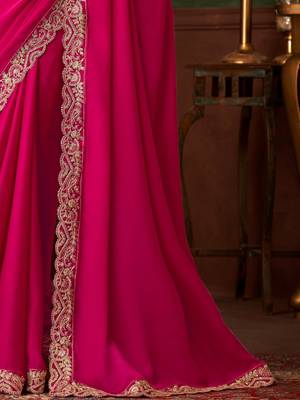 Pink shaded chiffon saree, lace border with heavy embroidered blouse for special occasions 4