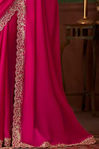 Pink shaded chiffon saree, lace border with heavy embroidered blouse for special occasions
