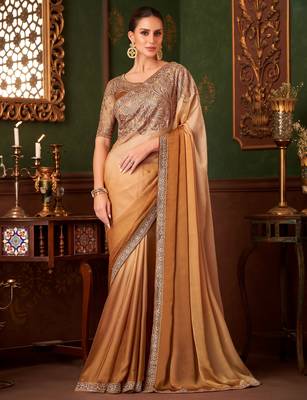Golden yellow satin saree, lace border with heavy embroidered blouse for special occasions 1