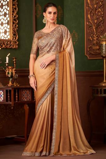 Golden yellow satin saree, lace border with heavy embroidered blouse for special occasions