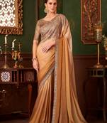 Golden yellow satin saree, lace border with heavy embroidered blouse for special occasions