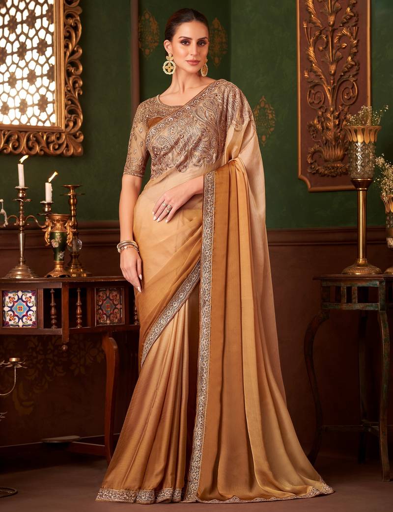 Golden yellow satin saree, lace border with heavy embroidered blouse for special occasions