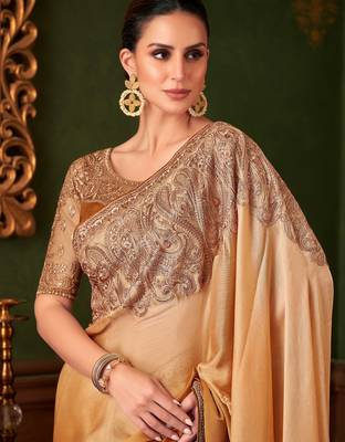 Golden yellow satin saree, lace border with heavy embroidered blouse for special occasions 2