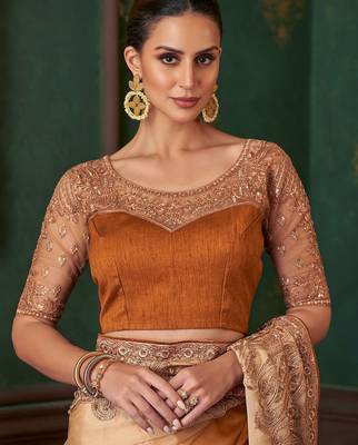 Golden yellow satin saree, lace border with heavy embroidered blouse for special occasions 3