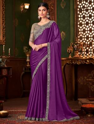 Purple silk chiffon saree, lace border with heavy embroidered blouse for special occasions 1