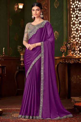 Purple silk chiffon saree, lace border with heavy embroidered blouse for special occasions