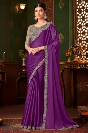 Purple silk chiffon saree, lace border with heavy embroidered blouse for special occasions