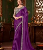 Purple silk chiffon saree, lace border with heavy embroidered blouse for special occasions