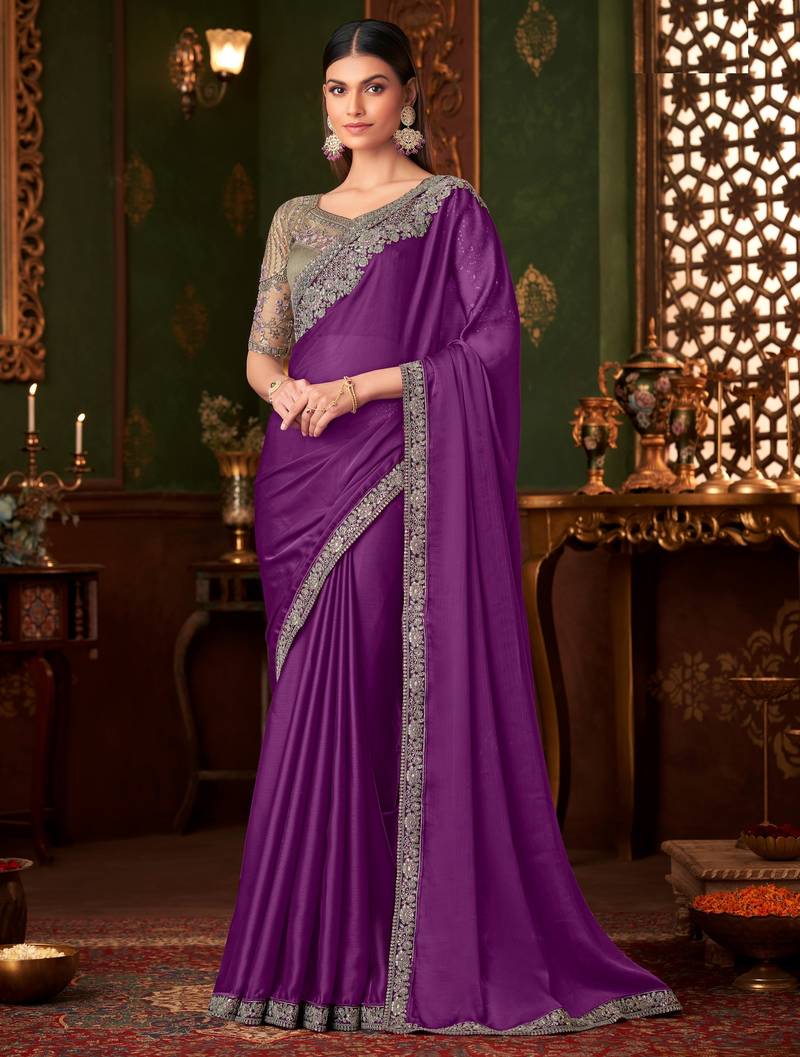 Purple silk chiffon saree, lace border with heavy embroidered blouse for special occasions