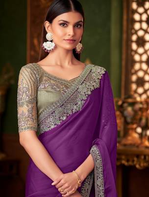 Purple silk chiffon saree, lace border with heavy embroidered blouse for special occasions 2