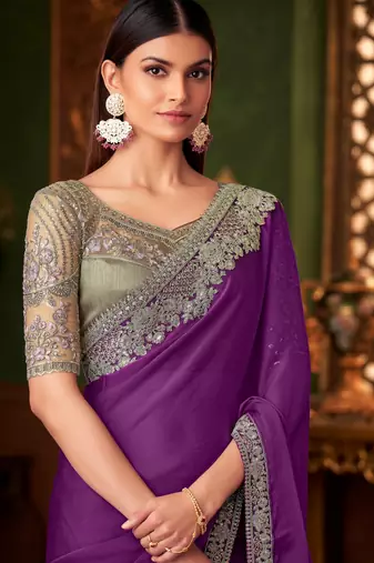 Purple silk chiffon saree, lace border with heavy embroidered blouse for special occasions