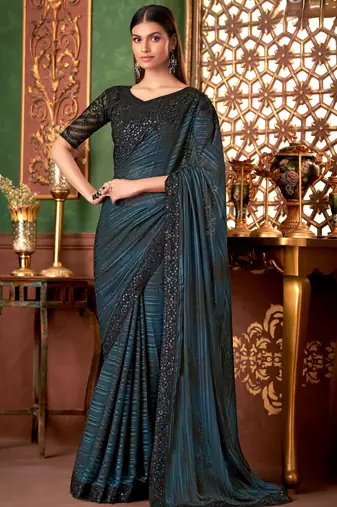 Teal blue black shaded silk saree, lace border with heavy embroidered blouse for special occasions