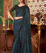 Teal blue black shaded silk saree, lace border with heavy embroidered blouse for special occasions