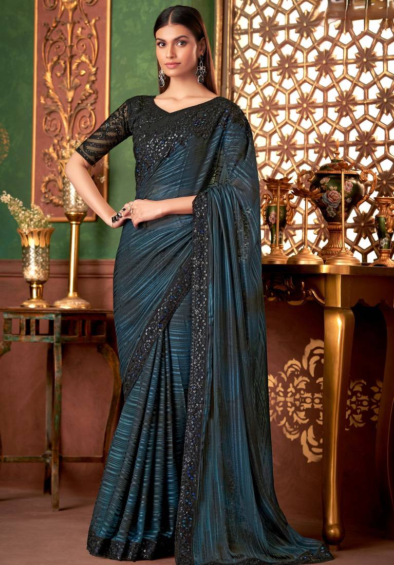 Teal blue black shaded silk saree, lace border with heavy embroidered blouse for special occasions