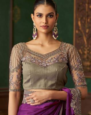 Purple silk chiffon saree, lace border with heavy embroidered blouse for special occasions 3