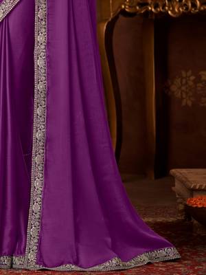 Purple silk chiffon saree, lace border with heavy embroidered blouse for special occasions 4