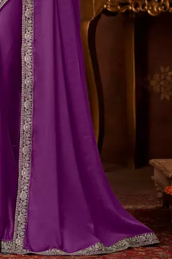 Purple silk chiffon saree, lace border with heavy embroidered blouse for special occasions