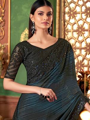 Teal blue black shaded silk saree, lace border with heavy embroidered blouse for special occasions 2