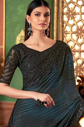 Teal blue black shaded silk saree, lace border with heavy embroidered blouse for special occasions