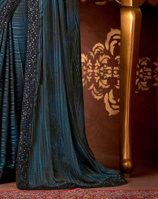Teal blue black shaded silk saree, lace border with heavy embroidered blouse for special occasions 3