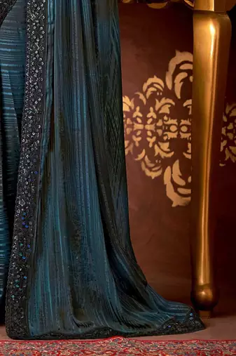 Teal blue black shaded silk saree, lace border with heavy embroidered blouse for special occasions
