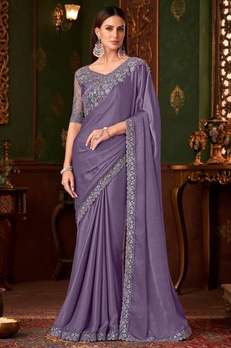 Light purple silk chiffon saree, lace border with heavy embroidered blouse for special occasions