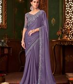 Light purple silk chiffon saree, lace border with heavy embroidered blouse for special occasions
