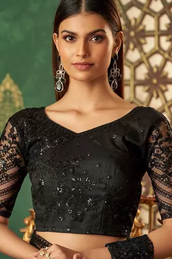 Teal blue black shaded silk saree, lace border with heavy embroidered blouse for special occasions