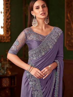 Light purple silk chiffon saree, lace border with heavy embroidered blouse for special occasions 2