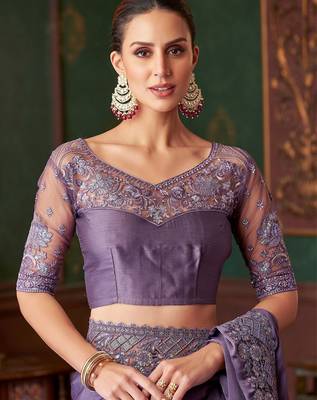 Light purple silk chiffon saree, lace border with heavy embroidered blouse for special occasions 3