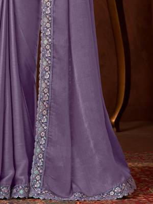 Light purple silk chiffon saree, lace border with heavy embroidered blouse for special occasions 4