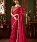 Rani pink satin silk saree, lace border with heavy embroidered blouse for special occasions