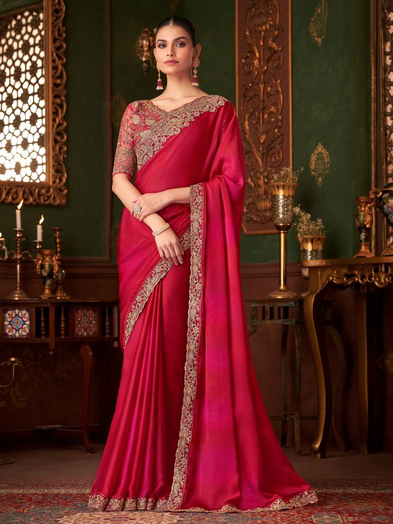 Rani pink satin silk saree, lace border with heavy embroidered blouse for special occasions