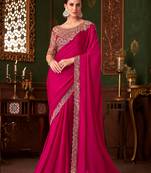Rani pink satin silk saree, lace border with heavy embroidered blouse for special occasions