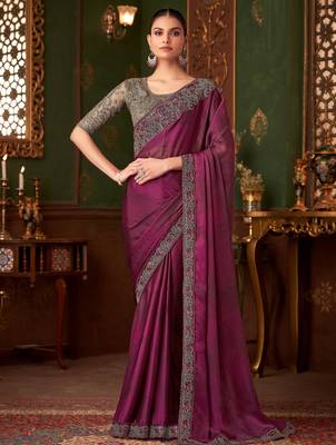 Wine silk chiffon saree, lace border with heavy embroidered blouse for special occasions 1