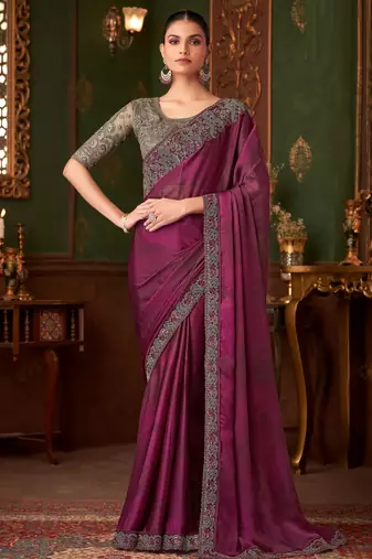 Wine silk chiffon saree, lace border with heavy embroidered blouse for special occasions