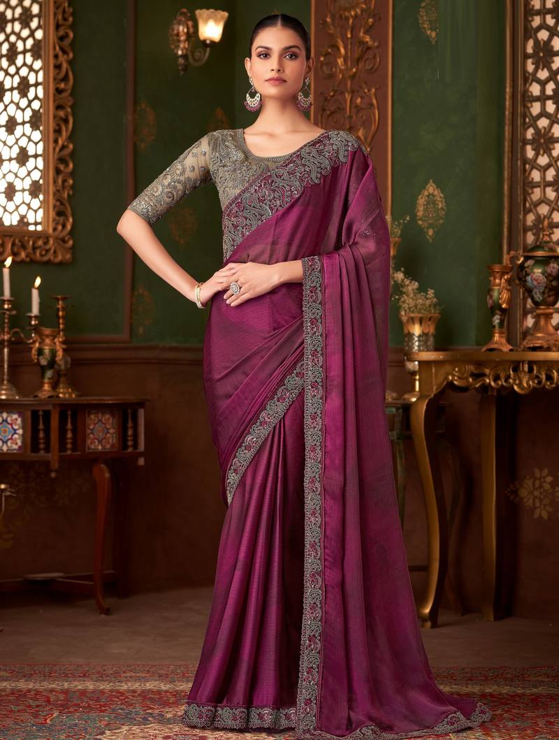 Wine silk chiffon saree, lace border with heavy embroidered blouse for special occasions
