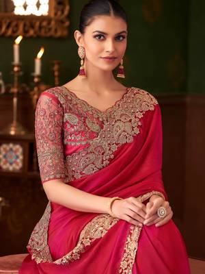 Rani pink satin silk saree, lace border with heavy embroidered blouse for special occasions 2