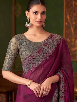 Wine silk chiffon saree, lace border with heavy embroidered blouse for special occasions 2