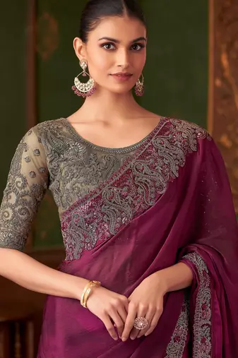Wine silk chiffon saree, lace border with heavy embroidered blouse for special occasions