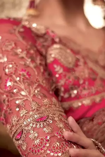 Rani pink satin silk saree, lace border with heavy embroidered blouse for special occasions