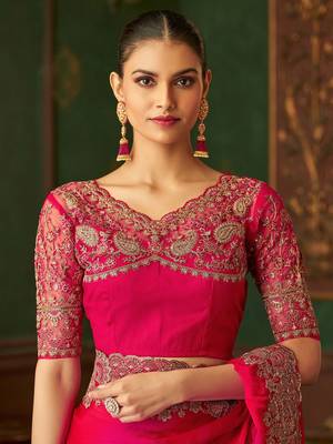 Rani pink satin silk saree, lace border with heavy embroidered blouse for special occasions 4