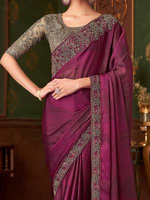 Wine silk chiffon saree, lace border with heavy embroidered blouse for special occasions 3