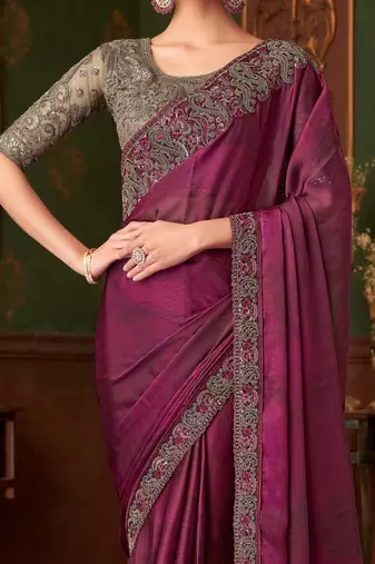Wine silk chiffon saree, lace border with heavy embroidered blouse for special occasions