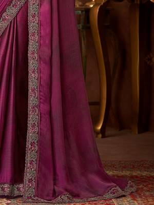 Wine silk chiffon saree, lace border with heavy embroidered blouse for special occasions 4