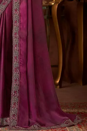 Wine silk chiffon saree, lace border with heavy embroidered blouse for special occasions