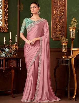 Baby pink silk chiffon saree, lace border with heavy embroidered blouse for special occasions 1