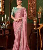 Baby pink silk chiffon saree, lace border with heavy embroidered blouse for special occasions